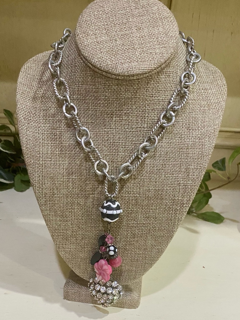 Pre-Loved Pink Floral Rhinestone Charm Necklace